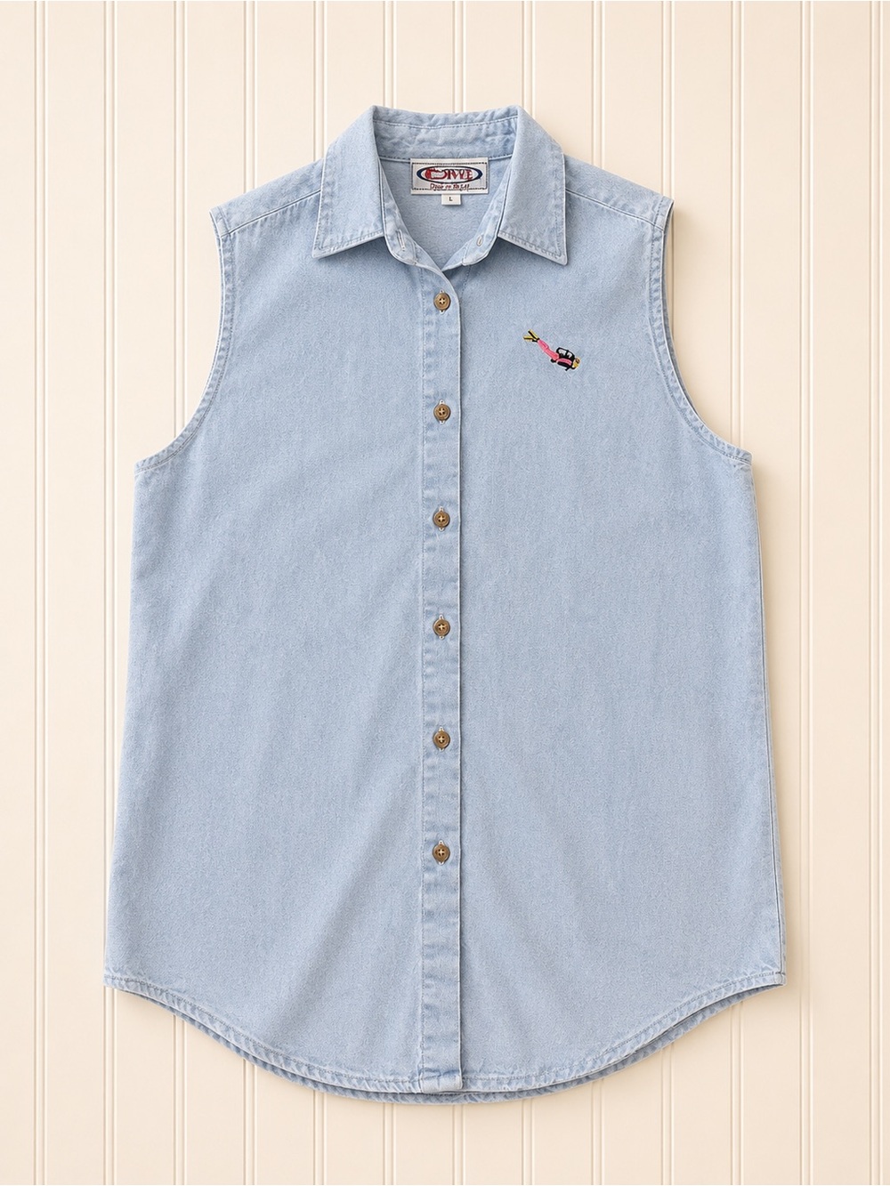 Blue Denim Sleeveless Top with Embroidered Scuba Diver